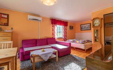Wohn- und Schlafbereich mit Schlafsofa und Doppelbett Ferienhaus Eriksmåla 1